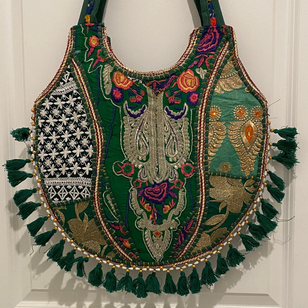 Handcrafted Green Embroidered Boho Shoulder Bag